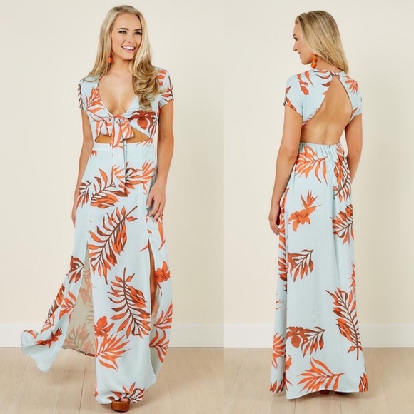 L'ATISTE Dresses & Skirts - Latiste Mint Blue/Tropical Leaf Orange Island Hop Cut Out Maxi Dress. NWT Size S